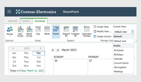 SharePoint Online calendar interface showing March 2023 with view options and navigation controls.