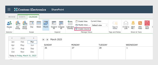 SharePoint Online calendar view showing March 2023 with event management toolbar options visible.