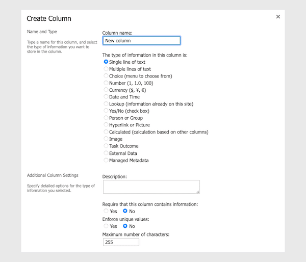 SharePoint Create Column dialog with text field options and settings