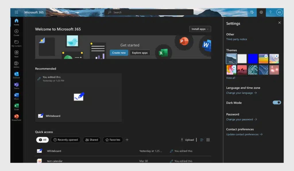 Microsoft 365 home page with settings panel showing themes, dark mode, and quick access to apps.