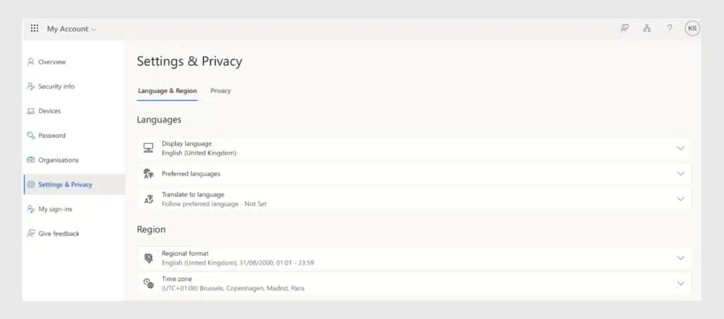 Settings & Privacy page showing Language and Region options in My Account menu