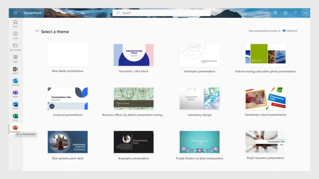 PowerPoint theme selection screen with various presentation templates displayed in a grid layout.