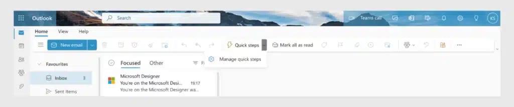 Microsoft Outlook inbox interface showing email management tools and quick steps menu