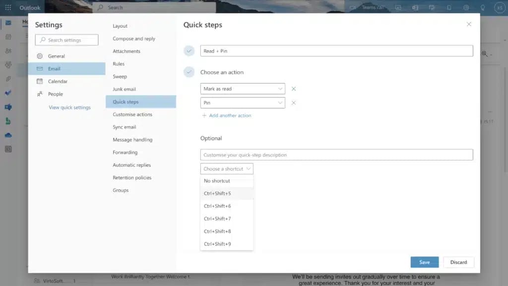 Outlook Settings Quick steps dialog showing email automation options with Read+Pin action and Mark as read, Pin dropdown