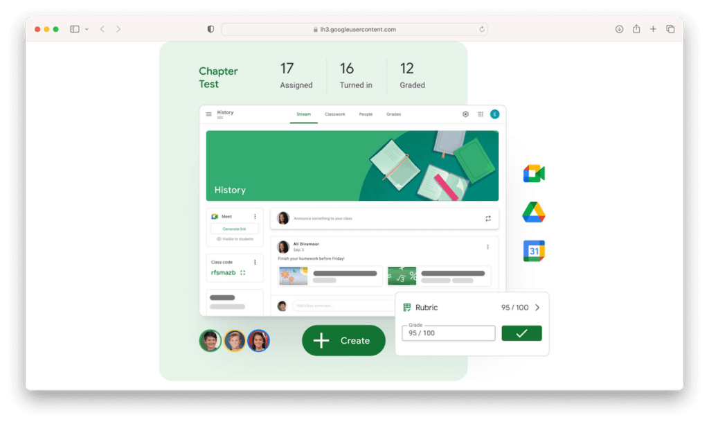 Google Classroom interface showing Chapter Test assignment with 17 assigned, 16 turned in, and 12 graded.