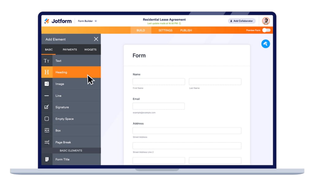 Jotform form builder interface showing a residential lease agreement template with basic form elements menu open.