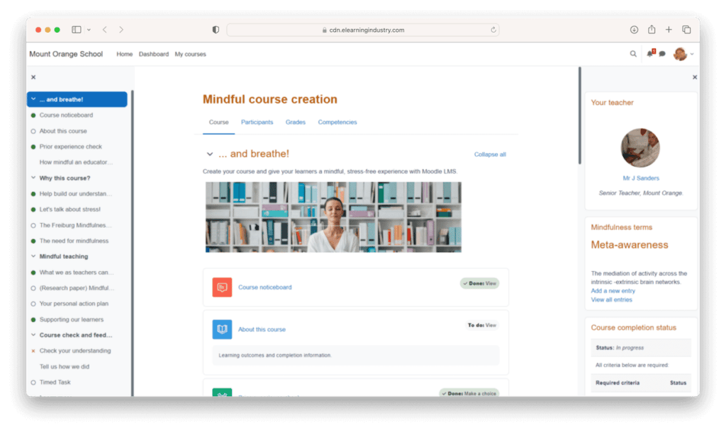 Moodle LMS course interface for mindfulness education with teacher profile and course content sections