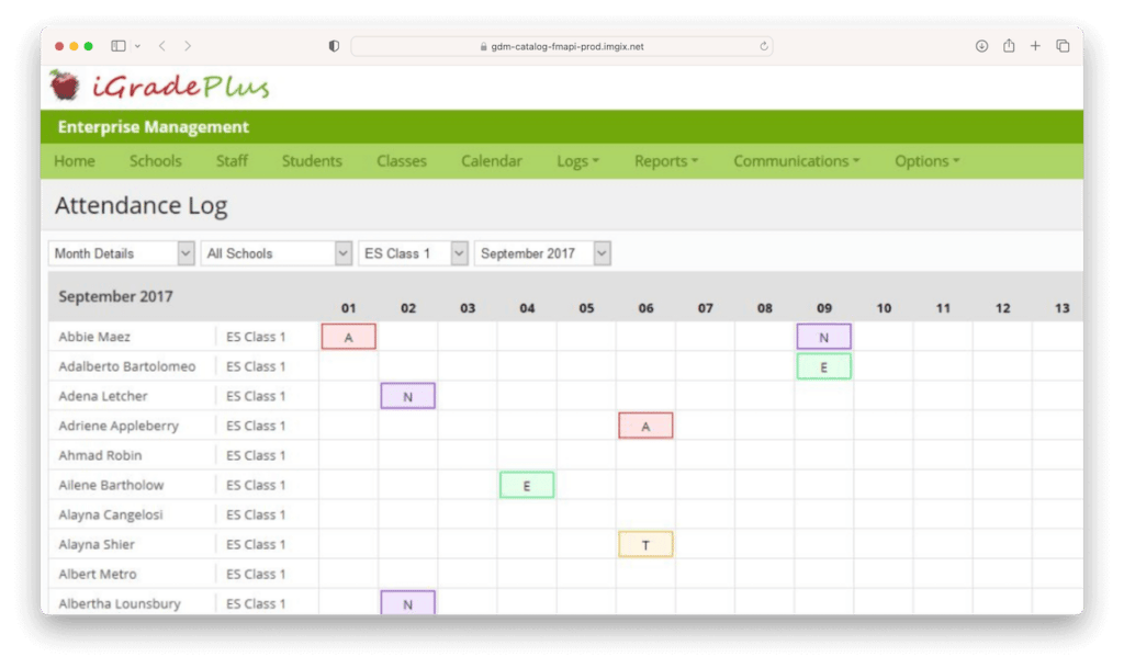 iGradePlus attendance log showing student absences and excuses for September 2017
