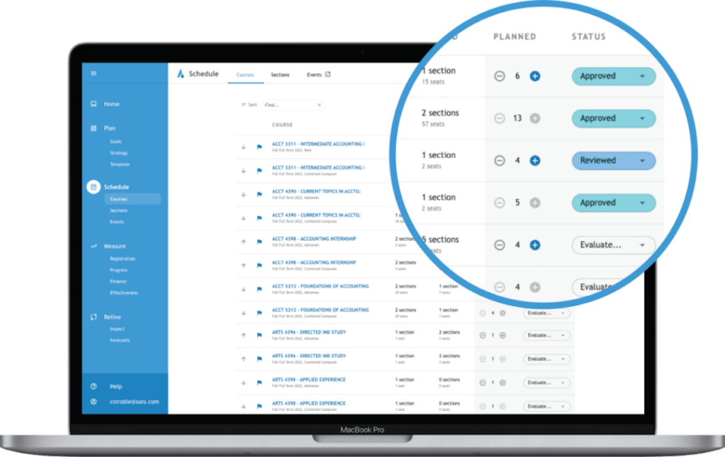 School scheduling software interface showing course sections with approval status indicators and seat counts.