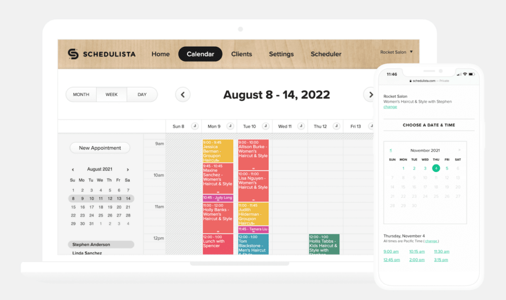 Schedulista calendar interface showing weekly appointments for August 8-14, 2022 with color-coded salon services.