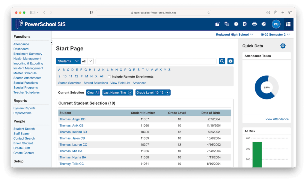 PowerSchool SIS student search interface showing filtered student list with attendance and risk data dashboard.