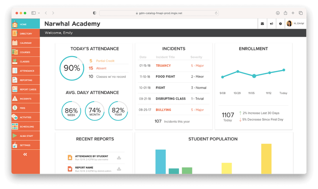 Narwhal Academy dashboard showing attendance 90%, incidents, and enrollment metrics for Emily's account.