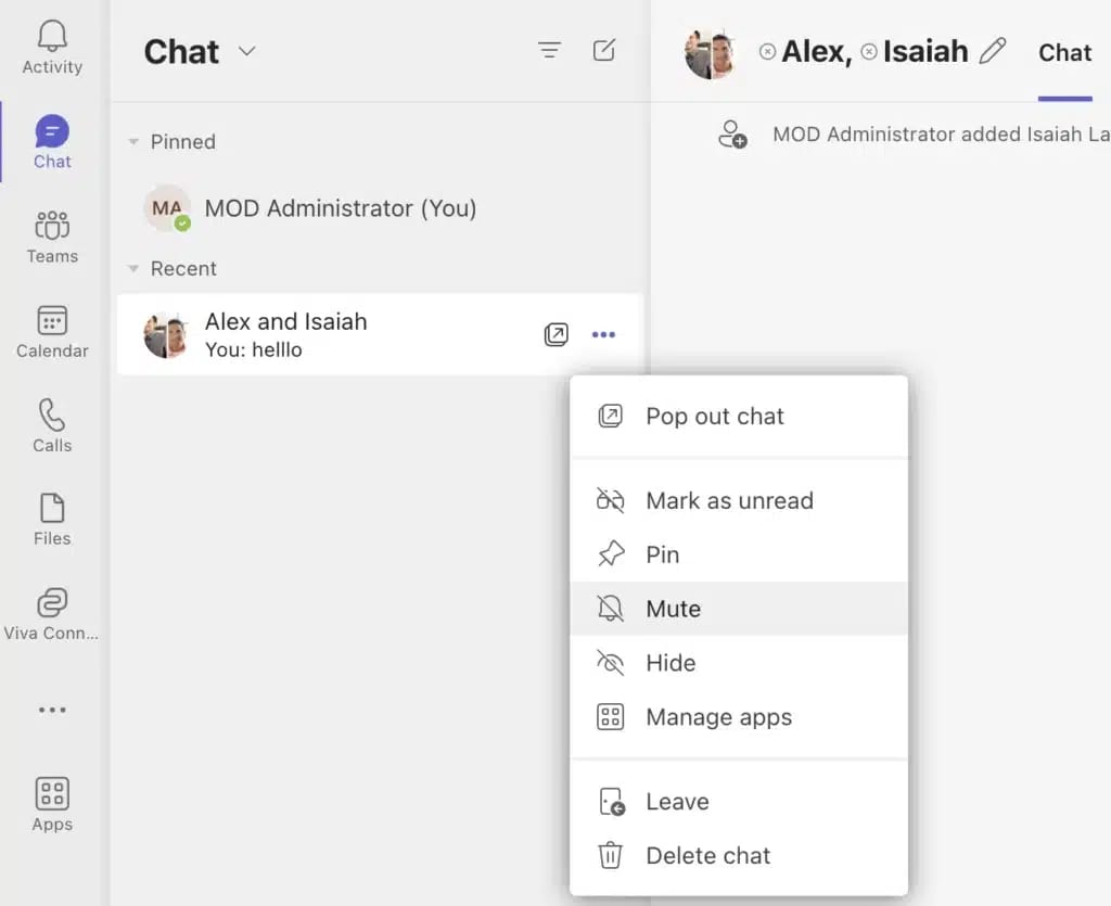 how to mute chat in MS Teams