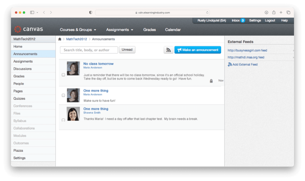 Canvas LMS course announcements page showing class updates from instructors and students