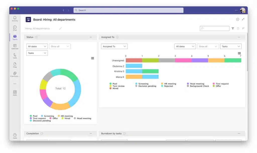 Virto Kanban Board App charts in Microsoft Teams