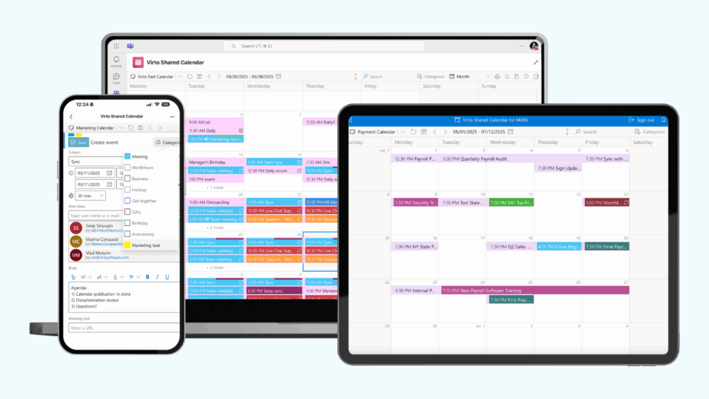 Virto Shared Calendar displayed across smartphone, tablet, and desktop devices showing color-coded events