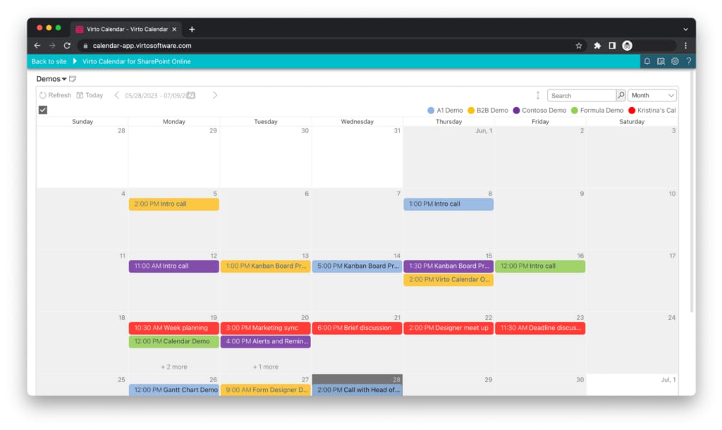 Calendar application displaying multiple color-coded events and meetings scheduled across June dates.