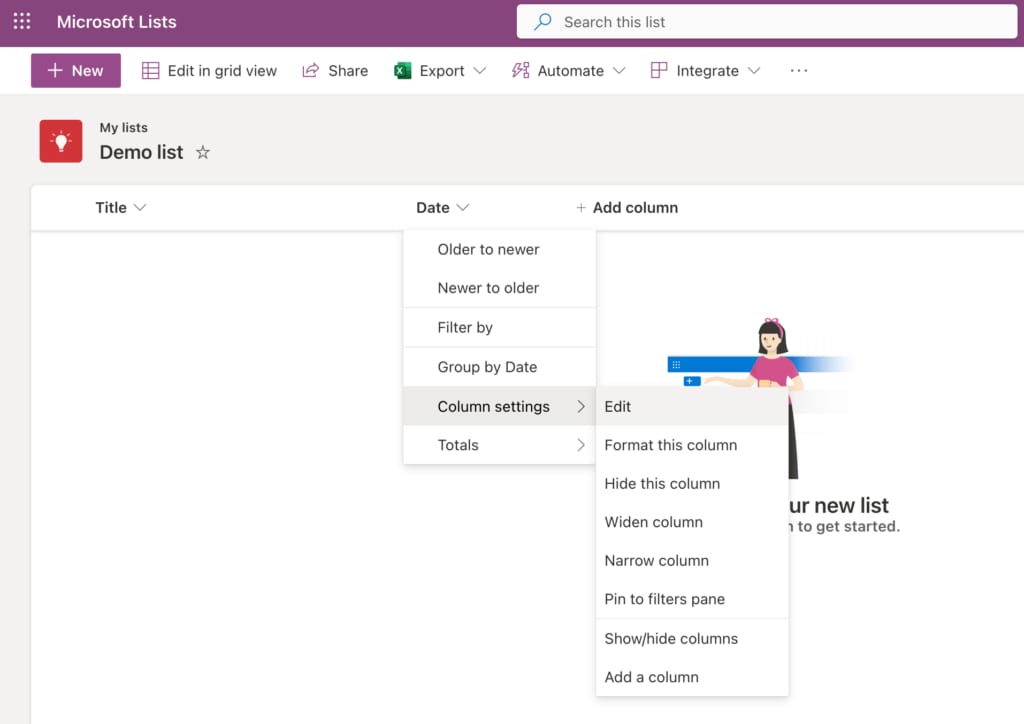 How to delete a column in Microsoft Lists
