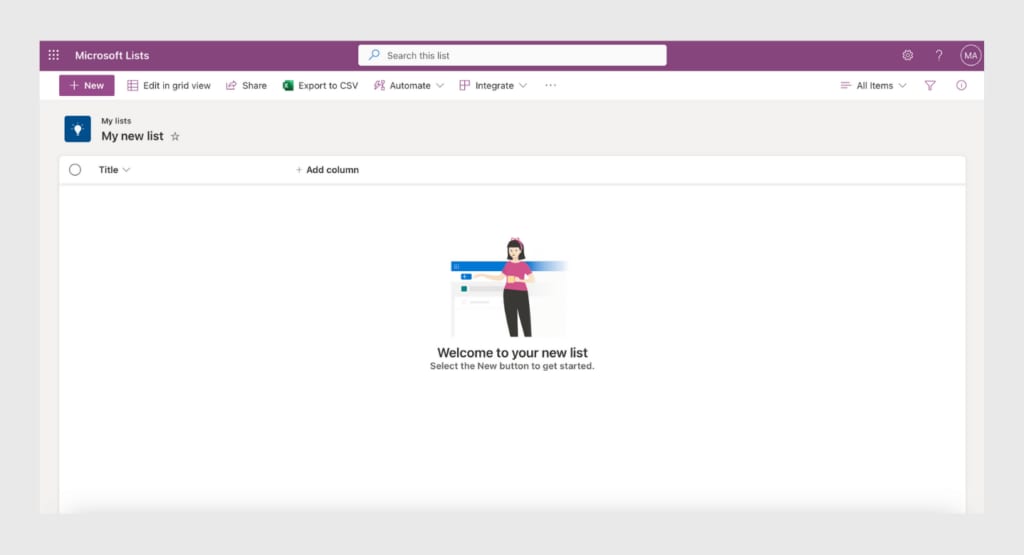 New list in Microsoft Lists