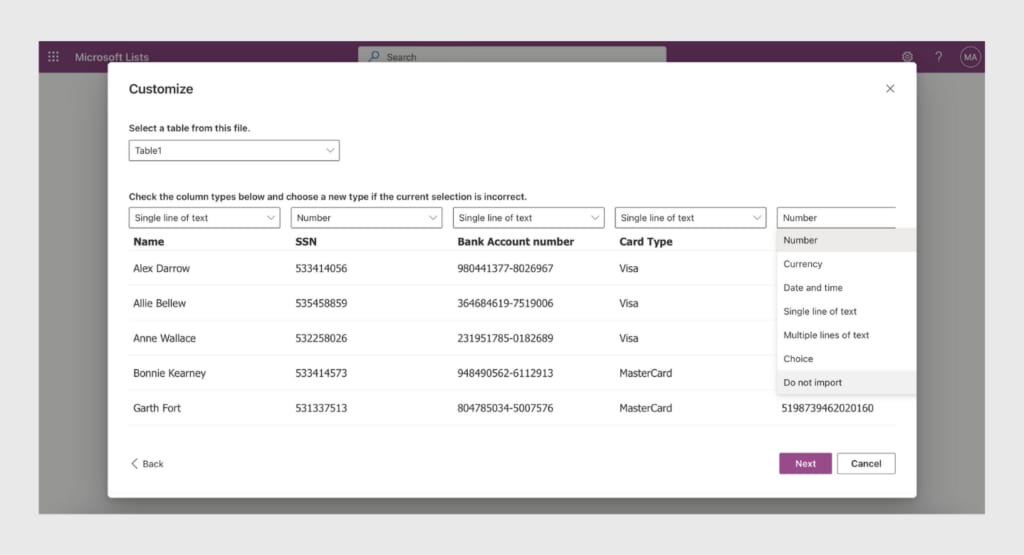 Choose data to upload in current list