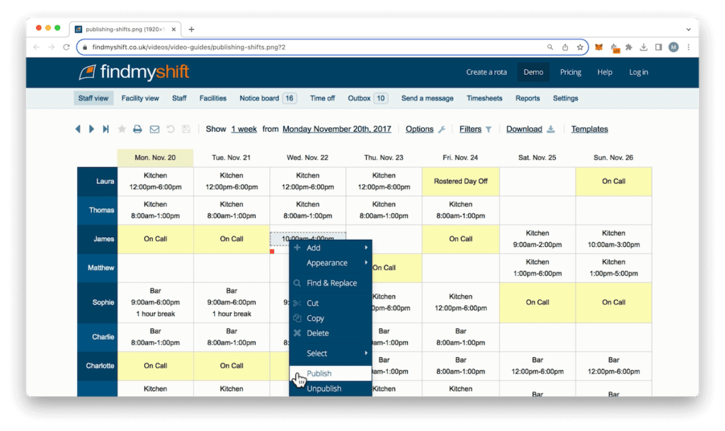 FindMyShift scheduling app displaying weekly staff roster with shifts and on-call assignments
