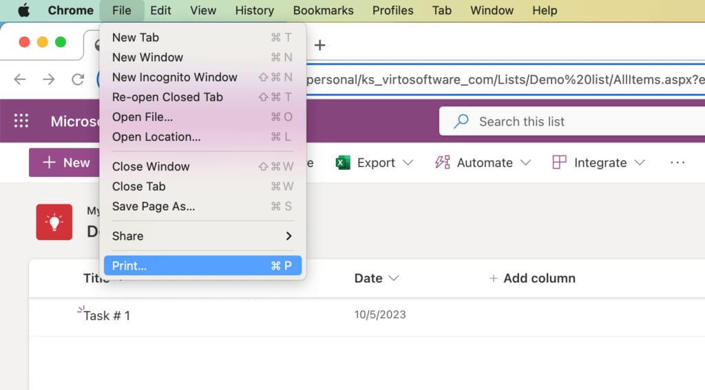 How to print Microsoft Lists