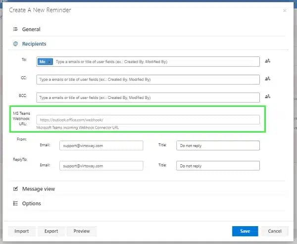 Im Abschnitt „Empfänger“ müssen wir einen Microsoft Teams-Webhook hinzufügen