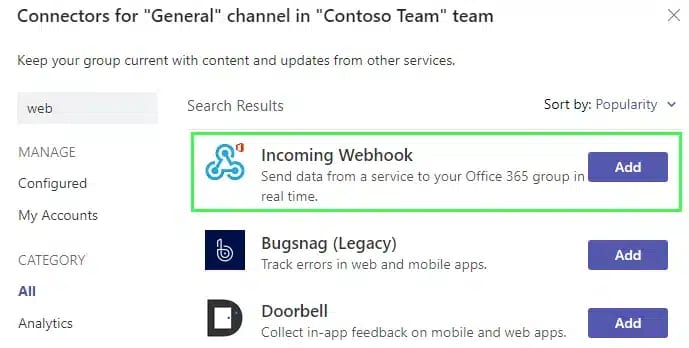 Suchen Sie nach dem eingehenden Webhook und klicken Sie auf „Hinzufügen“