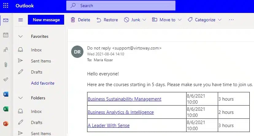 Und dieselbe Nachricht wird als E-Mail-Benachrichtigung angezeigt.