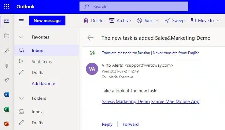 Als Ergebnis wird unsere neue Benachrichtigung als E-Mail-Nachricht angezeigt, in der Sie dem Link folgen und die Liste