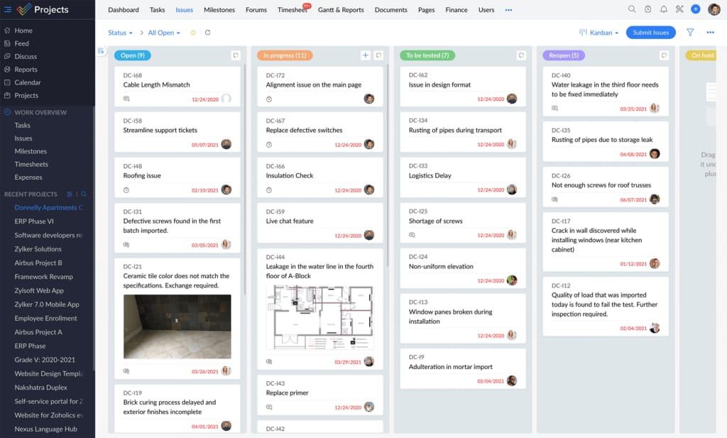 Zoho Projects Kanban board