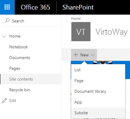 SharePoint site menu showing New dropdown options including List, Page, Document library, App, and Subsite.