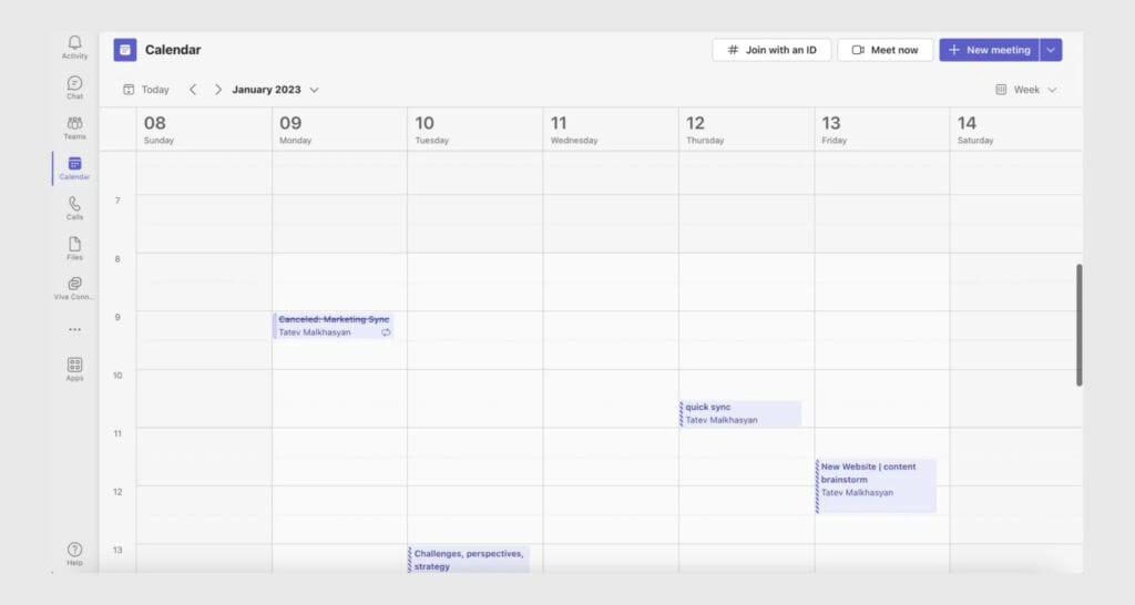 Microsoft Teams calendar week view showing January 8-14, 2023 with scheduled meetings and events.