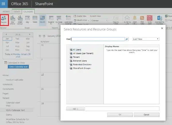 SharePoint dialog box for selecting resources and resource groups with filtering options.