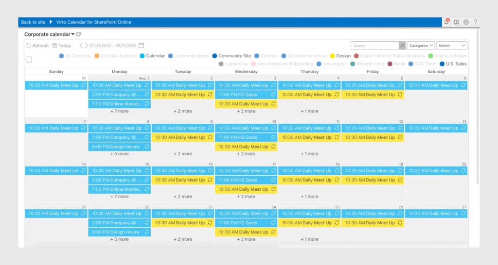 SharePoint calendar view showing daily meetings and events organized by date and time.