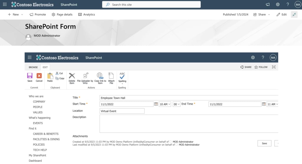 SharePoint embedded form