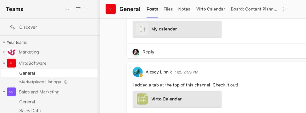 Microsoft Teams interface showing General channel with Posts tab and a message about adding a Virto Calendar tab.