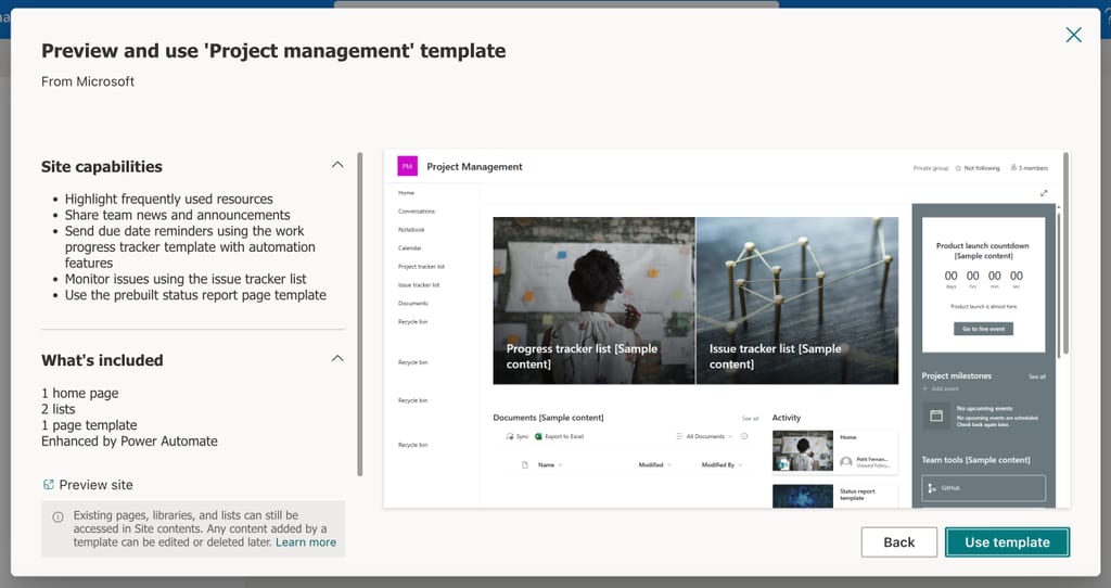 Creating a site within SharePoint Online using one of the default templates.