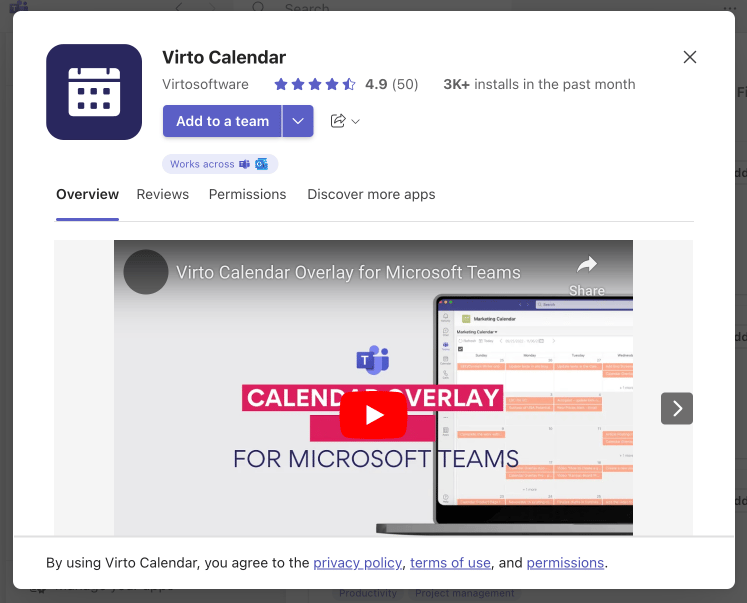Installing the Virto Calendar app is easy—just search for it within the “Apps” tab in Teams.