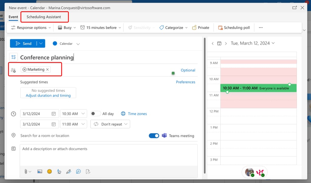 Scheduling assistant in Outlook