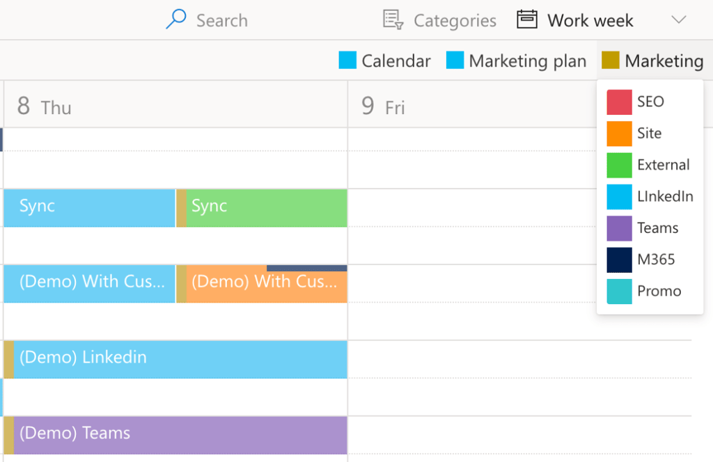 Calendar view showing work week tasks including Sync, Demo, LinkedIn and Teams meetings scheduled for Thursday and Frida