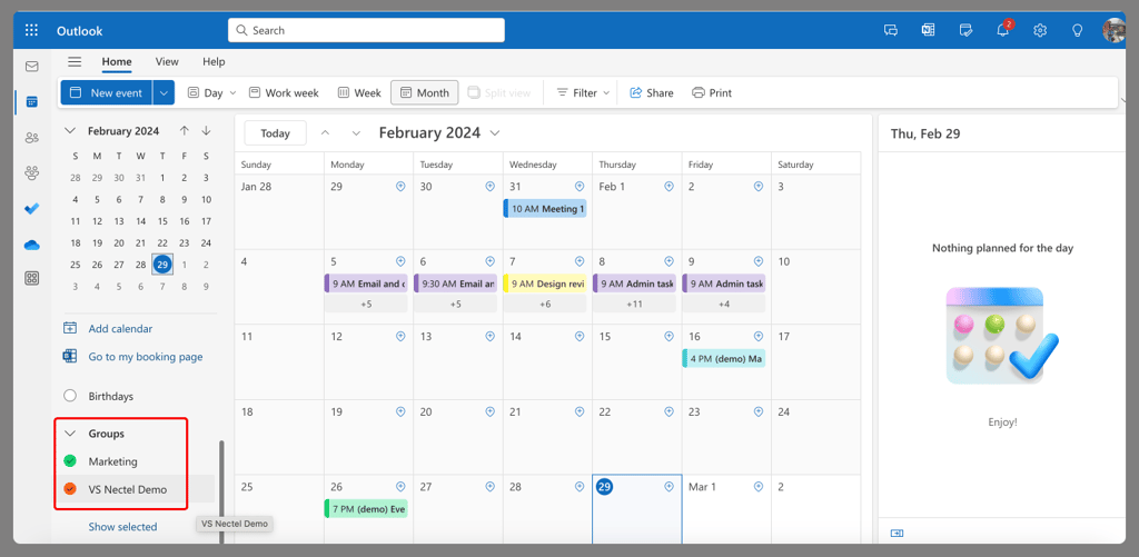 Outlook calendar showing February 2024 with multiple events and group calendars (Marketing, VS Nectel Demo) visible in s