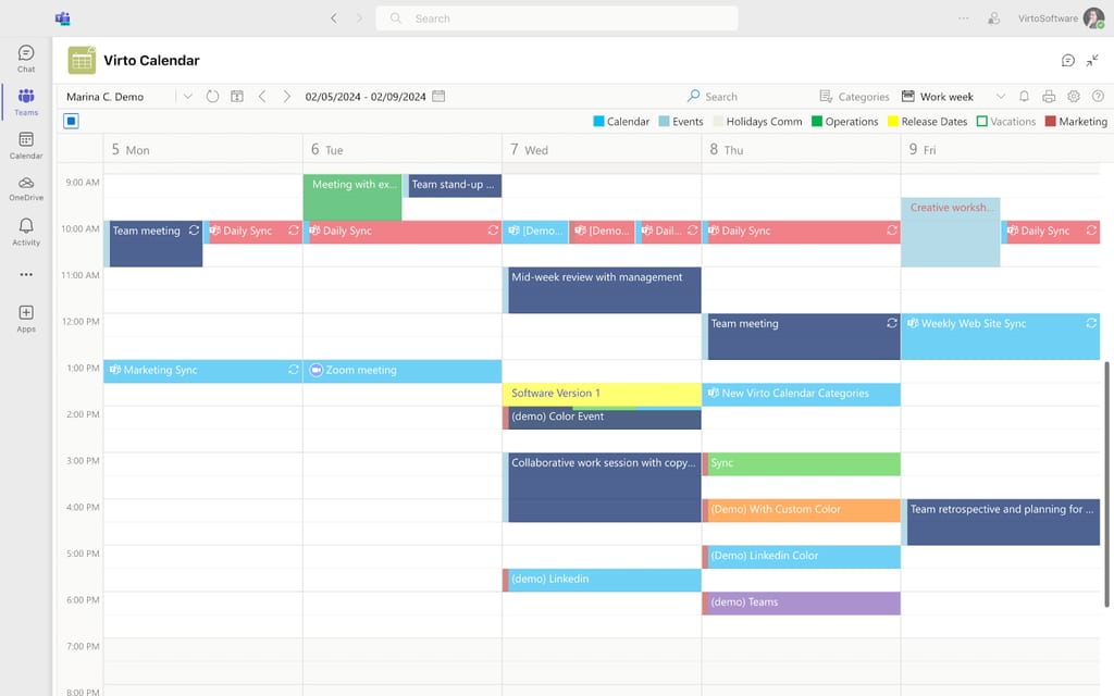 Virto Calendar week view showing multiple scheduled events and meetings from February 5-9, 2024.