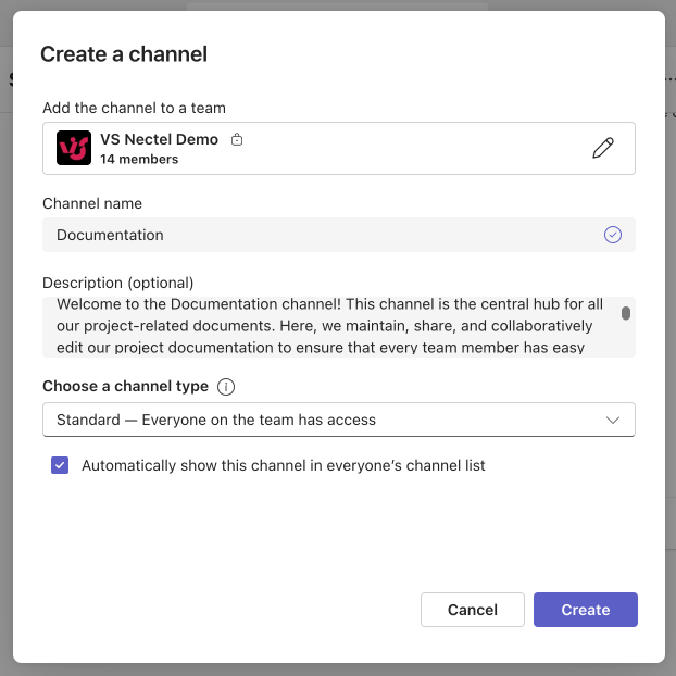 Example channel in Microsoft Teams.