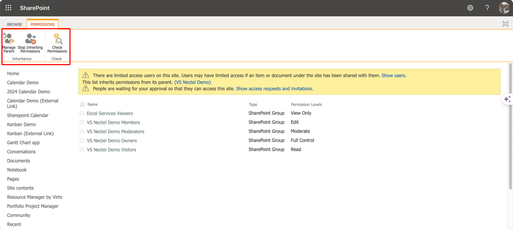 Navigating to the ribbon bar with the “Managing Parent” and “Stop Inheriting Permissions” options.