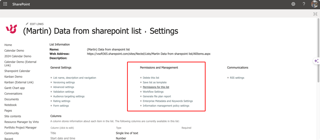 Navigating to the list permissions.