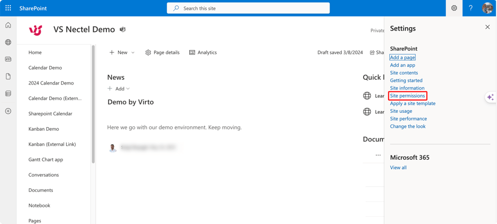 Selecting “Site permissions” on the SharePoint site.