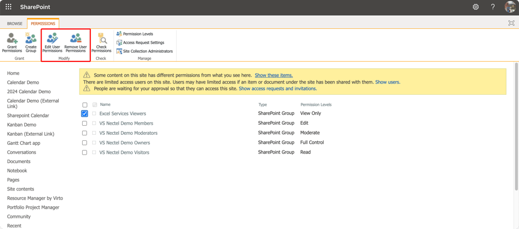 Editing and removing user permissions in the “Advanced permissions settings”.