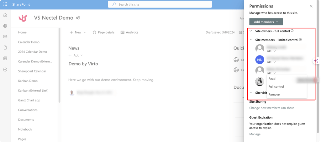 Editing permissions for the SharePoint site members.