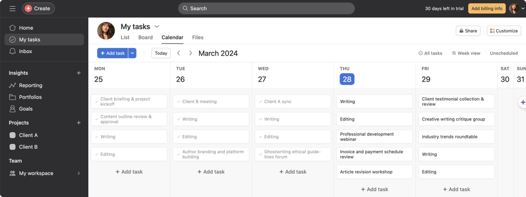 Example of Asana calendar project planner